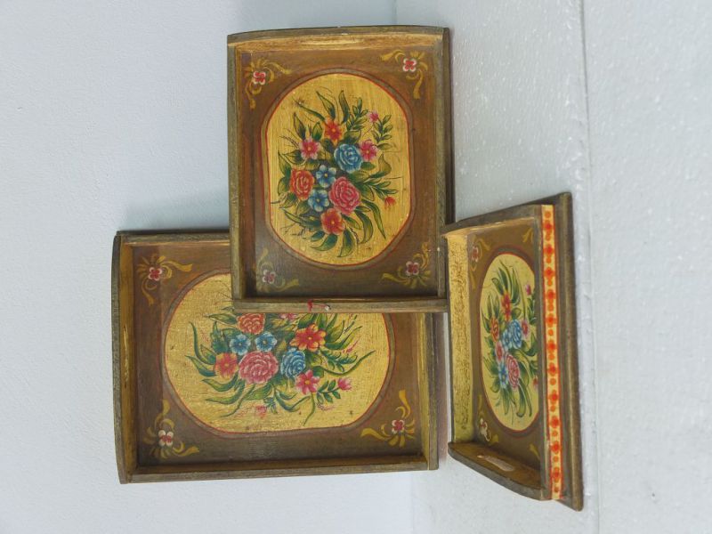 Set Of 3 Painted Wooden Trays