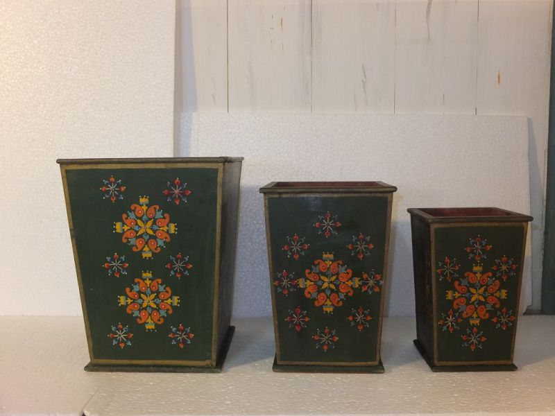 Set Of 3 Painted Wooden Litter Bins